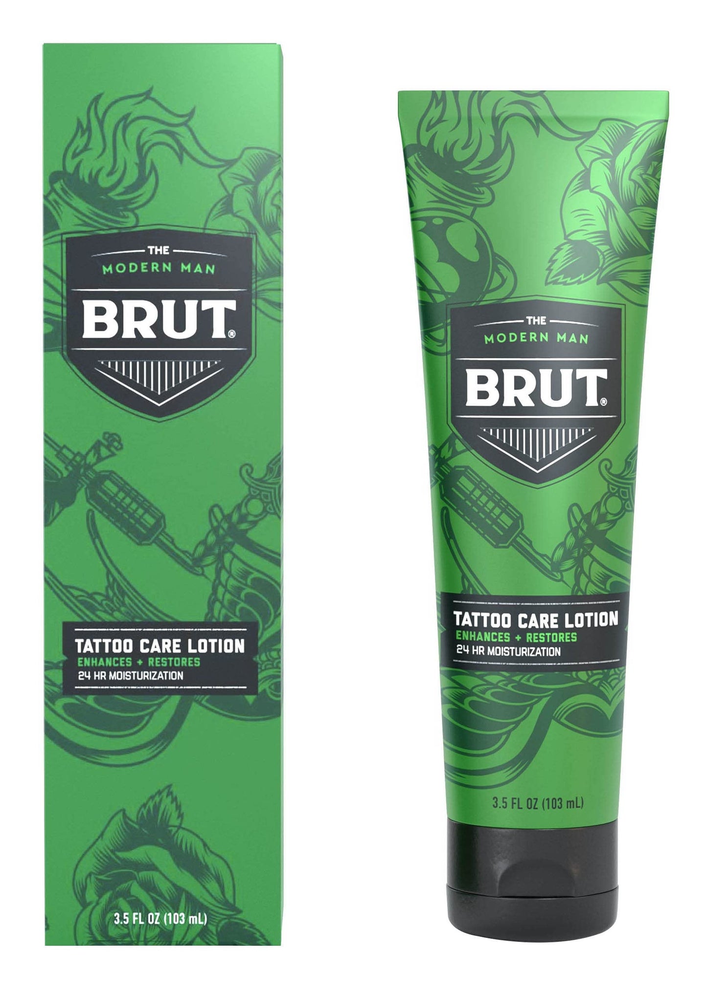 Brut Tattoo Care Lotion 24 Hour Moisturization - Lotion for Tattoos - Enhances Color Vibrancy - Tattoo Lotion Aftercare - Absorbs Quickly - 3.5 oz