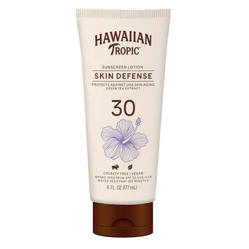 Hawaiian Tropic Skin Defense Sunscreen Lotion SPF 30 6oz | SPF 30 Sunscreen Lotion with Green Tea Extract Sunscreen Body Lotion Oxybenzone Free Sunscreen 6oz