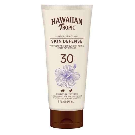 Hawaiian Tropic Skin Defense Sunscreen Lotion SPF 30 6oz | SPF 30 Sunscreen Lotion with Green Tea Extract Sunscreen Body Lotion Oxybenzone Free Sunscreen 6oz
