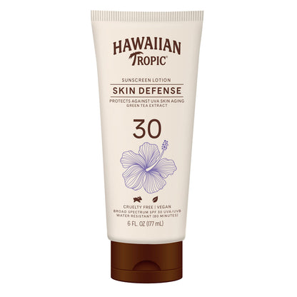 Hawaiian Tropic Skin Defense Sunscreen Lotion SPF 30 6oz | SPF 30 Sunscreen Lotion with Green Tea Extract Sunscreen Body Lotion Oxybenzone Free Sunscreen 6oz